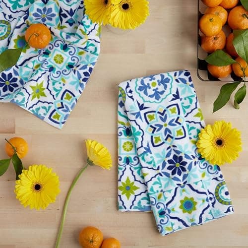 Fiesta Worn Tiles Kitchen Towels Set, Cotton, Multicolor/Blue/Yellow/Aqua, 2 Piece thumbnail 2