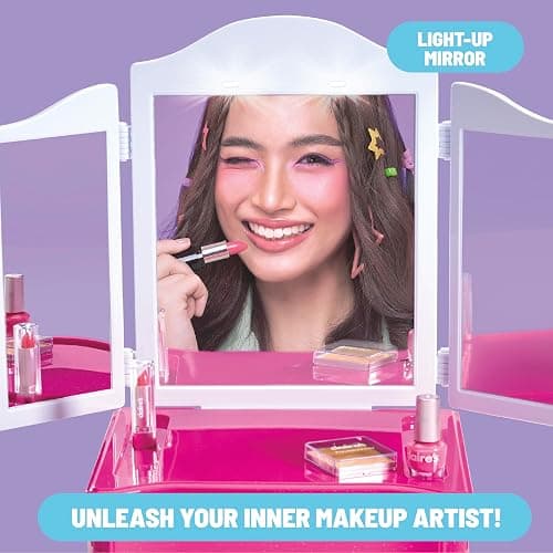 Claire's Makeup Vanity with Light-Up Tri-Panel Mirror, 13-Piece Real Cosmetic Set, Pretend Play Makeup for Kids 8-12, Girl Toys & Beauty Activity Gift with Lip Gloss, Lipstick, Nail Polish & More thumbnail 3