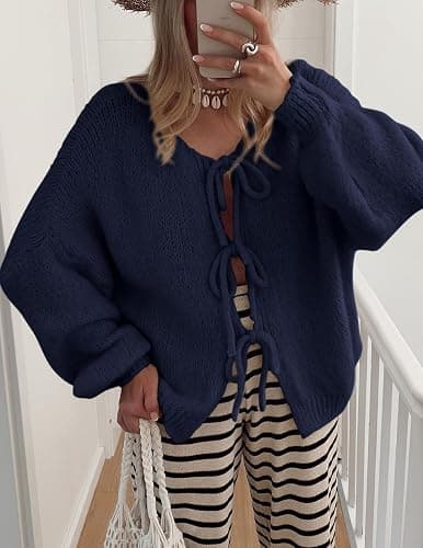 PRETTYGARDEN Women's Tie Front Bow Cardigan Sweaters Chunky Knit Long Puff Sleeve Trendy Fall Winter Jacket Coats thumbnail 6