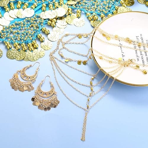 ORAZIO 4 Sets Women's Belly Dance Accessories, Hip Scarf Wrap Belt, Small Coins Hair Chain Tassel Anklet Bracelet thumbnail 3