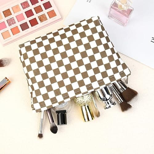 SOIDRAM 2 Pcs Checkered Makeup Bag Large Cosmetic Bag Toiletry Bag Makeup Pouch Travel Bag Organizer Cute Makeup Brushes Aesthetic Accessories Storage Bag for Women Coffee Brown thumbnail 7
