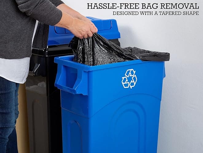 United Solutions 23 Gallon Highboy Plastic Recycling Bin Kitchen Trash Can with Lid, Pass Through Handles, and Dustpan Edge, Blue thumbnail 5