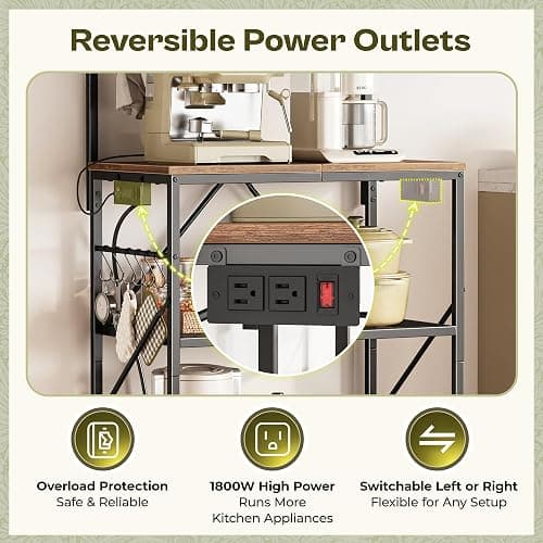 Huuger 4-Tier Bakers Rack with Reversible Power Outlet, 23.6 Inch Microwave Stand, Kitchen Coffee Bar, with Top Shelf, 6 S Hooks, Rustic Brown thumbnail 4