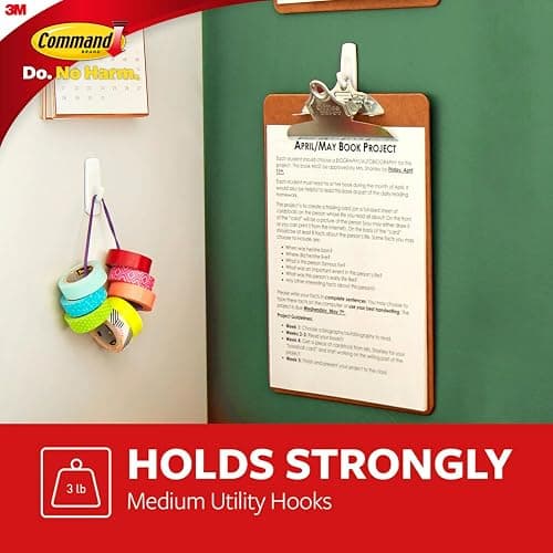 Command Medium Utility Hooks, 20 Hooks and 24 Command Strips, Damage Free Hanging Wall Hooks with Adhesive Strips, No Tools Adhesive Hooks for Hanging, Organization and Storage, Holds up to 3 lb - 20 Hooks thumbnail 3