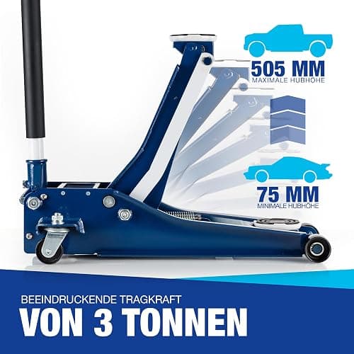 NTG Hydraulischer Wagenheber 3T - TÜV-Zertifiziert 75-505mm für PKW & SUV | Flacher Rangierwagenheber mit Doppelzylinder - extra stabil - 3 Tonnen Tragkraft - inkl. Gummiauflage thumbnail 2