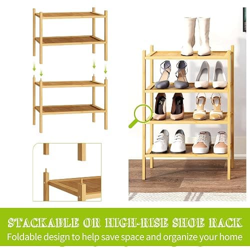 BMOSU 2-Tier Bamboo Small Shoe Rack Premium Stackable Shoe Shelf Storage Organizer for Hallway Closet Living Room Entryway Organizer(Natural) thumbnail 6