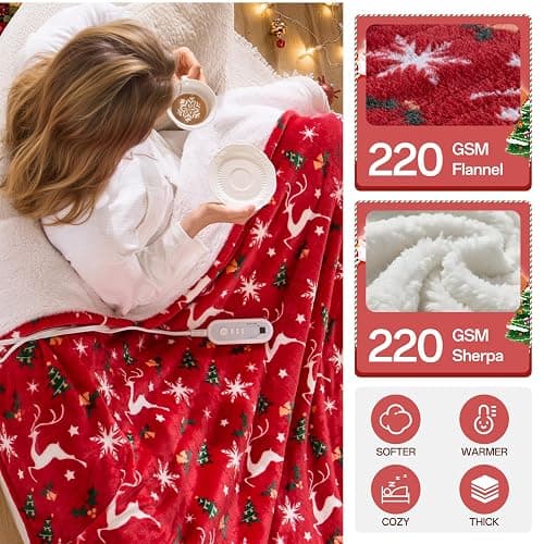 Electric Blanket Heated Throw, Soft Flannel Christmas Heated Blanket with 8 Hours Auto Off & 8 Fast Heating Levels Machine Washable Sherpa Heating Blanket with Overheating Protection Gift for Women thumbnail 4