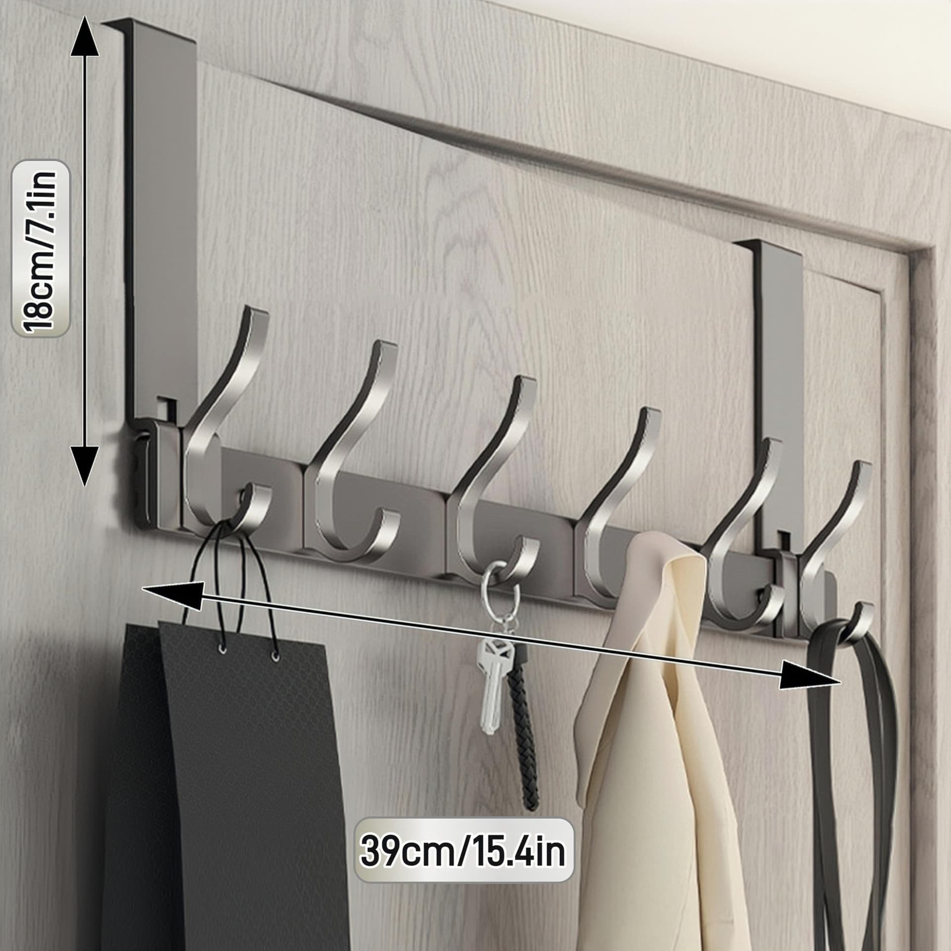 Over The Door Hook Hanger with 6 Double Coat Hooks Over The Door, Over The Door Towel Rack, Towel Rack Behind Bathroom Bedroom Closet Door for Hanging Clothes, Towels, Hats, etc. (Matte Gray) thumbnail 2