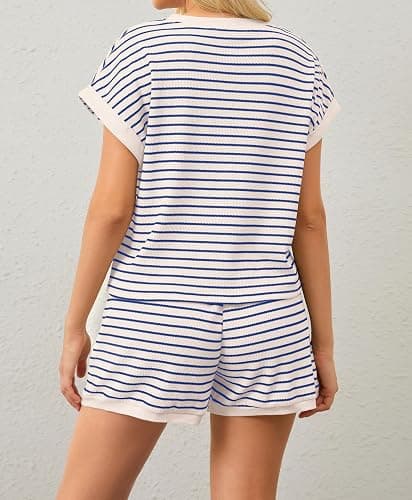 MISSACTIVER 2 Piece Lounge Set Women Stripe Knit Short Sleeve Tee Shirts Shorts Casual Summer Loungewear Shorts Sets thumbnail 3