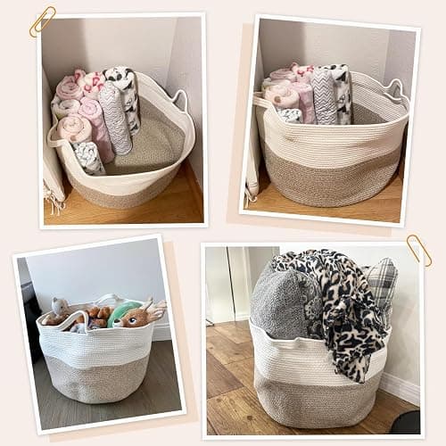 INDRESSME Large Laundry Basket, 21.7'' x 13.8'' Cotton Rope Blanket Basket Living Room Toy Baskets Storage Kids, Woven Baskets for Dirty Clothes, Pillows, Towel, 90L Light Brown thumbnail 5