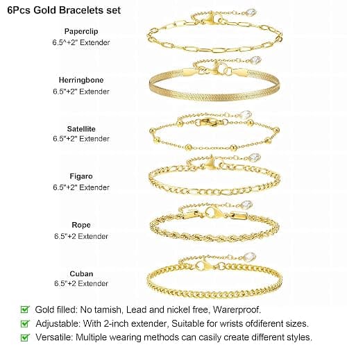 Lcuasc Gold Bracelets for Women Waterproof, 14K Real Gold Jewelry Sets for Women Trendy Thin Dainty Stackable Cuban Link Paperclip Chain Bracelet Pack Fashion Accessories Gifts for Womens thumbnail 7