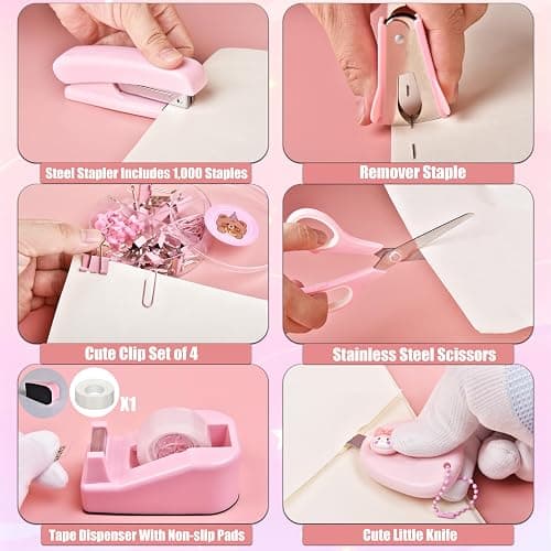 Pink Desk Accessories, 24Pcs Pink Office Supplies and Desk Organizers, with Tape Dispenser, Stapler, Staple Remover, Ect, Gift Box Packaging thumbnail 6