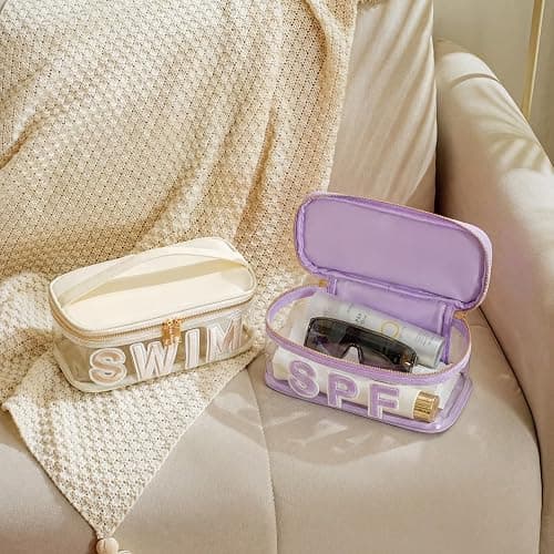 RSRSLEII Clear Waterproof Summer SPF Makeup Bag，Aesthetic Transparent Letter Patch Cosmetic Bag with Metal Zipper, Preppy Sunscreen Accessories Storage Organization, Beach Travel Purse(08Purple) thumbnail 6