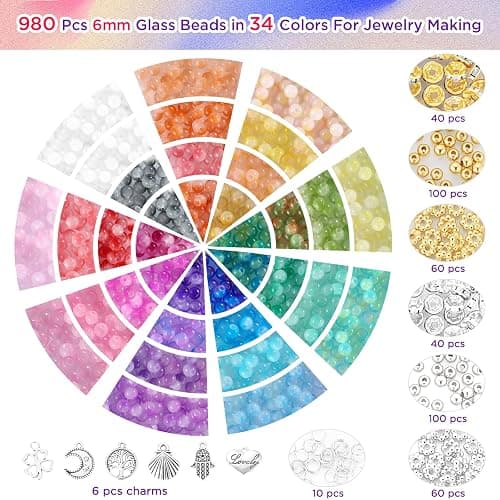 Funtopia 6mm Glass Beads Bracelet Making Kit, 1396pcs Gradient Glass Beads | 34 Colors Crystal Round Beads for Jewelry Making Bracelets DIY Crafts with Spacer Beads and Charms thumbnail 3