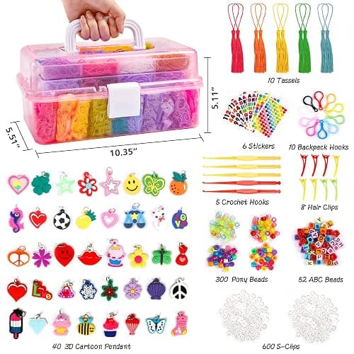 INSCRAFT 17500+ Rubber Loom Bands with 3 Layer Pink Container, 28 Colors, 600 S-Clips, 352 Beads, 40 Cartoon Pendant, Bracelet Making Refill Kit for Kids thumbnail 2