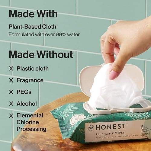 The Honest Company Flushable Wipes for Sensitive Skin, Hypoallergenic, Fragrance-Free, Tropical Leaves Design, 336 Count (4 Packs of 84) thumbnail 8