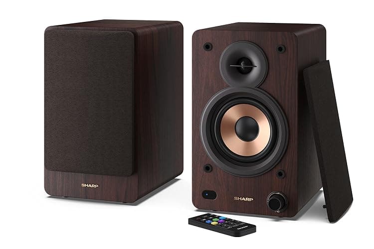Sharp CP-SS30(BR) Altoparlanti attivi a 2 vie, custodia in legno da 60w RMS (2x30 W), Bluetooth v5.0, USB, ottico, ausiliario e RCA, regolazione bassi e alti, griglie rimovibili, telecomando. - Image 1