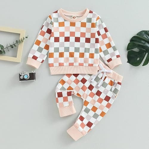 Karwuiio Toddler Baby Boy Girl Clothes Checkerboard Print Long Sleeve Sweatshirt Tops and Pants Fall Clothing Set thumbnail 2