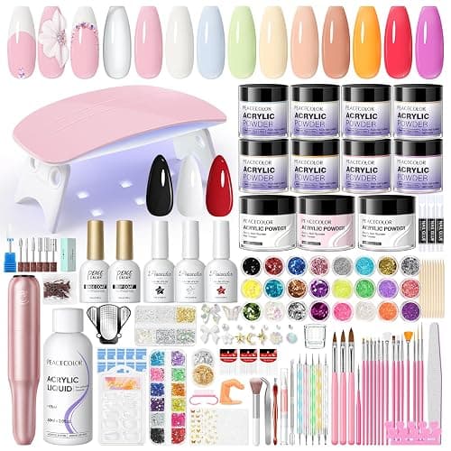 PEACECOLOR Acrylic Nail Kit with Electric Nail Drill and Lamp, 114PCS Nail Set with Everything 11 Colors Clear Pink White Nude Acrylic Powder and Liquid Set False Nail Tips Starter Kit Women Salon - Image 1