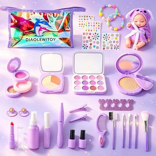 DIAOLEWITOY Pretend Makeup Kit for Girls - 30-Piece Play Cosmetic Set, Birthday Gift for Kids Ages 3-6 Years Old (Purple) - Image 1