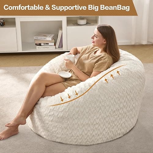 Hobestluk 3ft Bean Bag Chairs for Adults Large Beanbag Chair with Chevron Plush Fur Cover Big Bean Bag Chair for Living Room Bedroom Dorm Office - White (36” x 36” x 22”) thumbnail 3