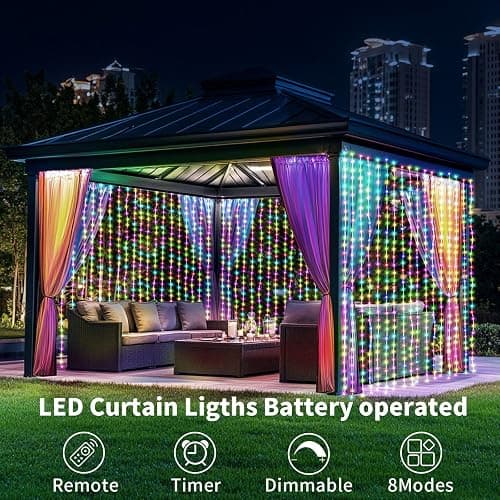 Ryblgled Battery Operated Fairy Curtain Lights - Multicolor 10ft x 10ft 300 LED Battery Power Curtain String Lights with Remote & Timer for Backdrop Outside Gazebo Christmas Indoor Bedroom Decor thumbnail 2