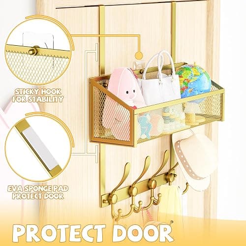 Kaiferty Over The Door Hooks Organizer, Coat Rack Over The Door Storage Hanger Towel Rack, Back of Storage Organizer for Bathroom,Bedroom,Kitchen,Office(Gold 2-Tier) thumbnail 5