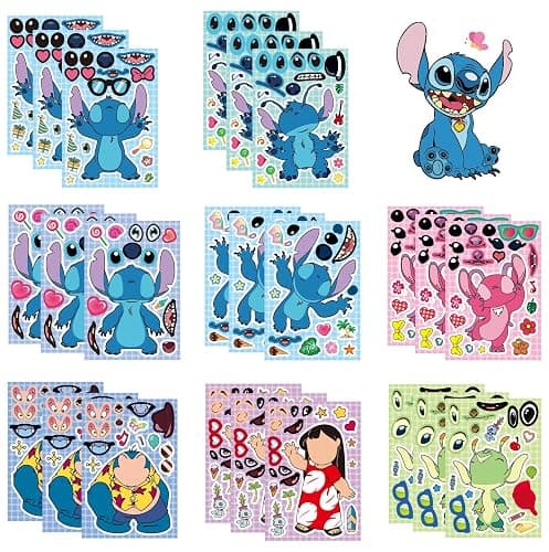 JCQAYB 24pcs Make a face Stitch Stickers for Kids,Mixed & Matched with 8 Characters(3of Each) Stickers, Make Your Own Sticker for Kids Teens Party Decoration, Reward, Decor (24pcs-Stitch) - Image 1