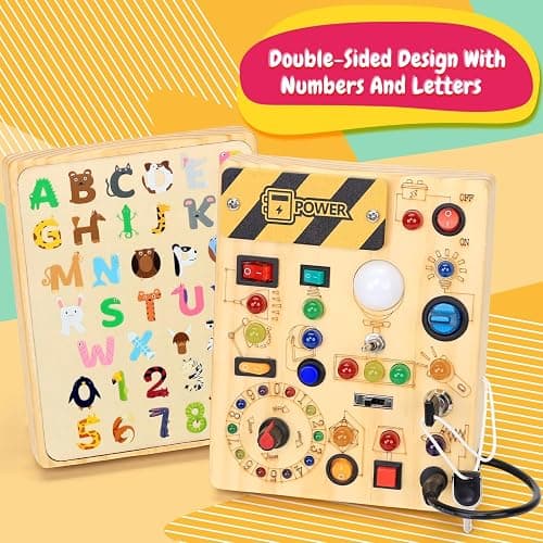 Busy Board with LED Light Switches, Montessori Toys for 1 2 3 Years Old, Toddlers Wooden Toy Sensory Activity Board, Travel Toys for 1+ Year Old Boy & Girl Birthday Gift thumbnail 3