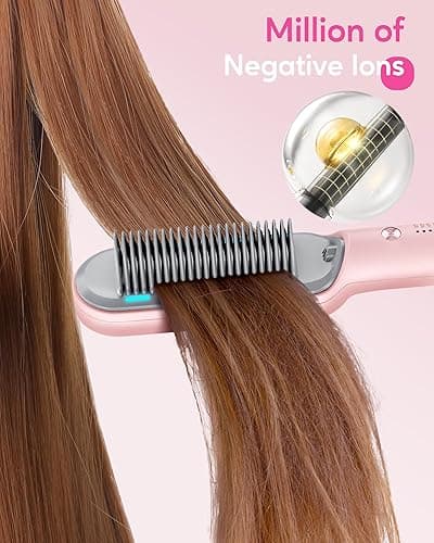 Wavytalk Hair Straightener Brush, Sleek Sweep Ionic Straightening Brush with 6 Temperature Adjust, Anti-Scald Ceramic Straightening Comb Fast Heating for Home Salon, Dual Voltage Pink. - Pink thumbnail 6