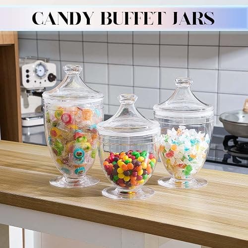 Mimorou 12 Pieces Plastic Apothecary Jars Bulk with Lid Candy Buffet Containers Set 3 Sizes for Wedding Reception Grand Event Birthday Party Supplies Bathroom Kitchen, Shatter-proof thumbnail 2