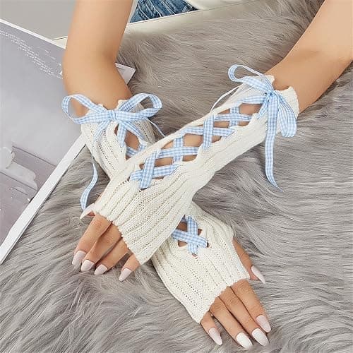 Instobig Women's Fairy Lace-up Fingerless Arm Warmers - Bow Thumb Hole Gloves, Goth Forearm Arm Sleeves Opera Dance thumbnail 6