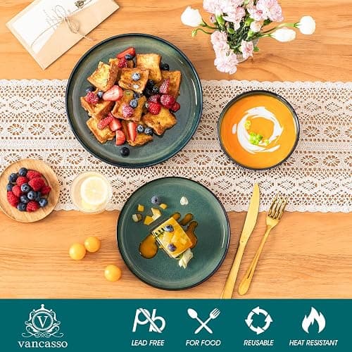 vancasso Starry 12 Pieces Dinnerware Sets for 4, Green Reactive Glaze Dishes Sets, Ceramic Plates and Bowls Set, Dinner Salad Dessert Plates, and Cereal Bowls Set, Dishwasher and Microwave Safe thumbnail 4