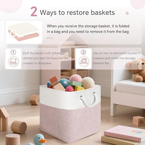 FinishingBo Cube Storage Bins, 6 Pack 11x11 inch with Cotton Handles for Closet, Shelves, Clothes, Towel (White/Pink) thumbnail 6