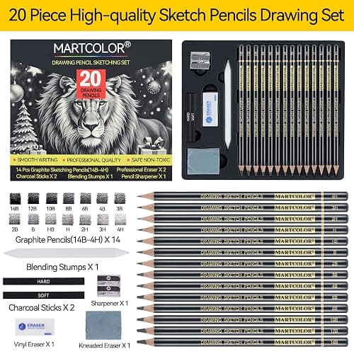 MARTCOLOR Drawing Sketching Pencil Set, 20 Pieces, Graphite Pencils (14B-4H), Charcoal Sticks, Stump, Eraser, Sharpeners, Ideal for Drawing Art, Sketching, Artist Pencils for Beginners & Pro Artists thumbnail 2