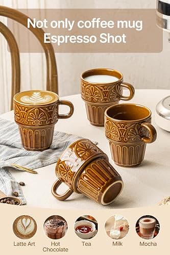 Ceramic Coffee Mug, Stackable Mug 3.3 OZ Coffee Mugs, Espresso Cups, Mugs Set of 6 for Latte Milk Hot Chocolate, for Men Women Kids, Ideal for Home Restaurant Daily Use & Holiday Gifting, Brown thumbnail 4