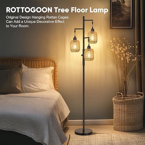 ROTTOGOON Dimmable Boho Floor Lamp - 3 Light Farmhouse Rattan Floor Lamp for Living Room, Industrial Tree Floor Lamps with 3 X 6W LED Bulbs, Rustic Standing Tall Lamp for Bedroom, Office, 68", Black thumbnail 7