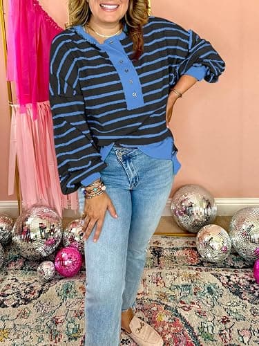 Tankaneo Womens Oversized Striped Sweatshirts Henley Shirts Color Block Casual Pullover Waffle Knit Tops thumbnail 7