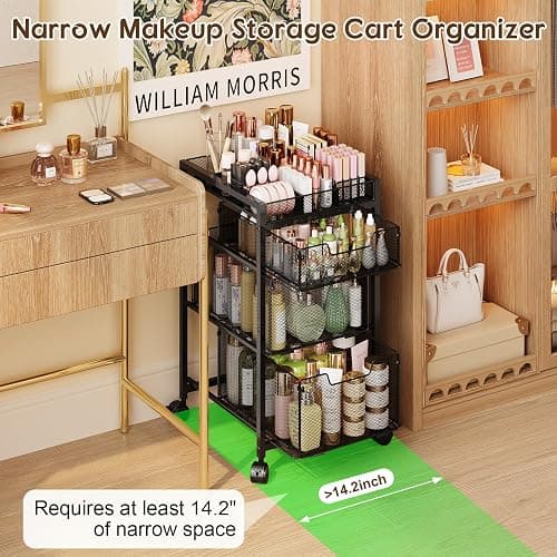 JKsmart Rolling Makeup Cart Organizer with 3 Drawers, Cosmetics Display with Dividers, Floor Skincare Storage with Wheels, Versatile Vanity Organizer for Nail Polish Perfume Brush Hair Tool, Black thumbnail 4