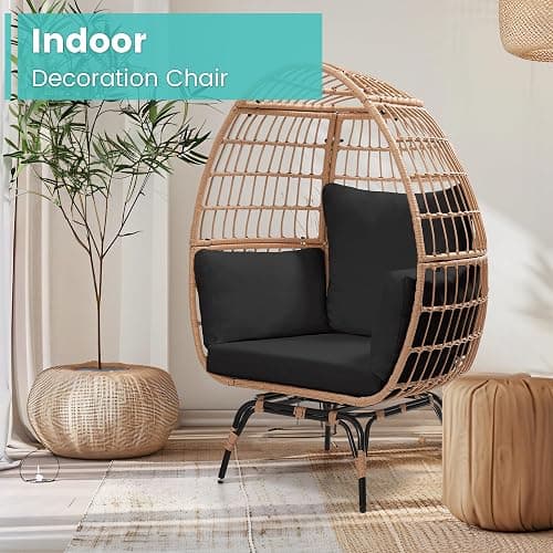 Murago 360°Swivel Indoor/Outdoor Oversized Rattan Egg Chair | Patio Wicker Egg Chair with Overstuffed Cushions, 440lb Weight Capacity, Natural/Black thumbnail 7