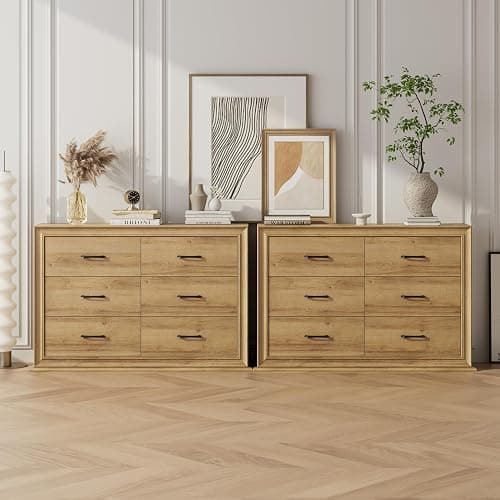 HIFIT Farmhouse 6 Drawer Dressers, 47.2" Wide Chest of 6 Drawers, Oak Double Dressers, Storage Organizer Cabinet for Living Room thumbnail 2