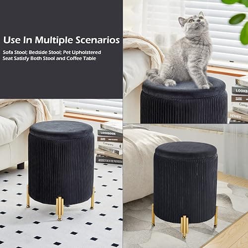 Mxfurhawa Round Ottoman Foot Stool with Storage and Metal Legs for Living Room Bedroom, Velvet Upholstered Footrest Stool Support 300lbs Modern Padded Seat Ottoman Coffee Table (Black) thumbnail 8