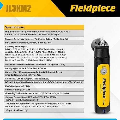 Fieldpiece - Job Link System Dual Port Manometer Probe Kit - JL3KM2 - Long Range Wireless All-in-One Static, Gas and Draft Pressure Gauge - HVAC Tools thumbnail 3