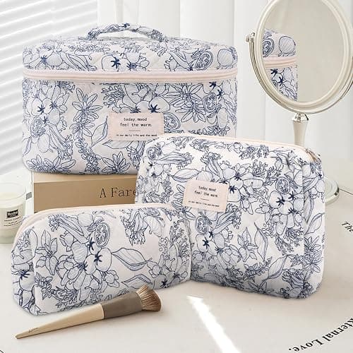 GISMTR 3Pcs Cotton Quilted Makeup Bag Large Travel Cosmetic Bag Coquette Makeup Pouch Cute Aesthetic Floral Toiletry Bag for Women Girls (flower-D) thumbnail 2