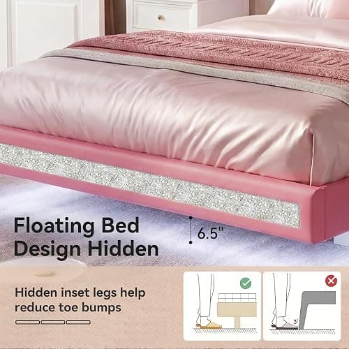 FreeHouse Floating Bed Frame Queen with LED Lights, Faux Leather Upholstered Bed Frame with Diamond Tufted Headboard, Solid Wood Slats, Noise Free, No Box Spring Needed, Easy Assembly,Pink thumbnail 5