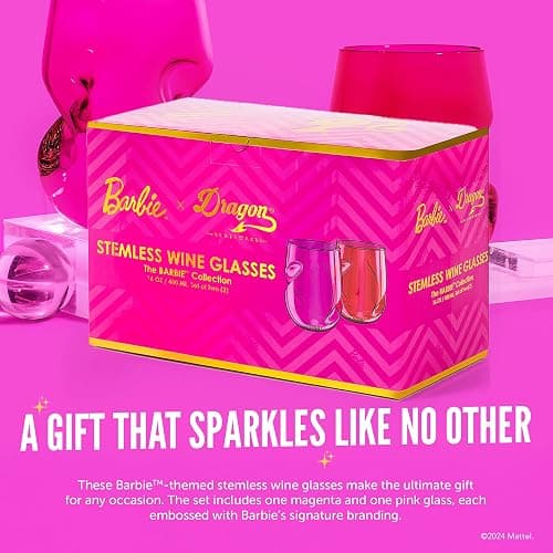 Dragon Glassware x Barbie Wine Glasses - 16 oz Magenta & Pink Wine Glasses Set of 2 - Stemless with Finger Indentations - Aerates Naturally - Barbie Gifts for Women thumbnail 5