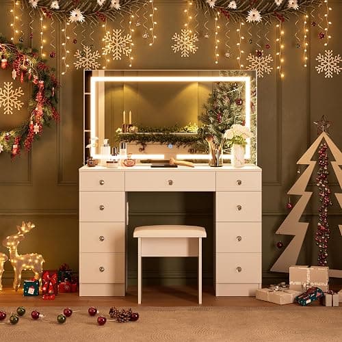 SMOOL Vanity with Mirror and Lights - Vanity Desk with Power Outlet and 9 Drawers, 3 Color Lighting Modes, Adjustable Brightness, Makeup Vanity with Soft Cushioned Stool for Bedroom, White 43Inches thumbnail 7