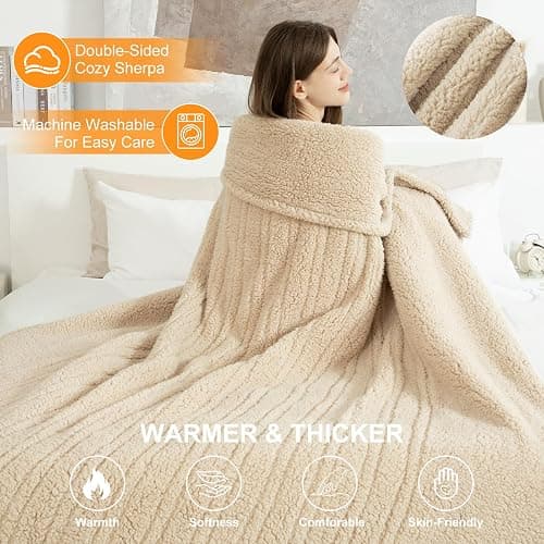 LUZARTA Heated Blanket Full Size 72"X84" Beige - Soft Double Sided Sherpa Electric Blanket Full Size with LED Display, 6 Heating Levels & 10 hrs Timer, Machine Washable & Fast Heating, Gift for Women thumbnail 3