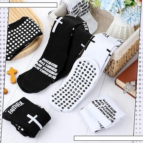 Glitopper 6 Pairs Christian Cross Socks Anti Slip Soccer Sock with Rubber Dot Religion Gift for Men Youth Women Sports thumbnail 3
