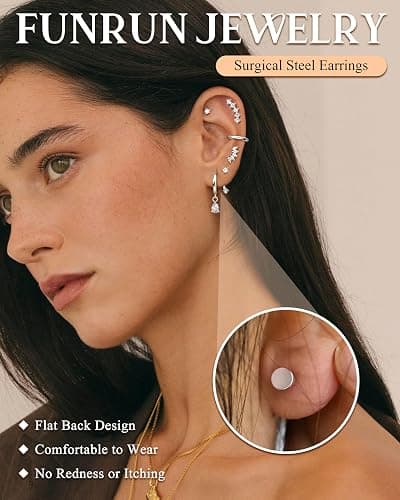 Hypoallergenic Cartilage Earrings for Women 20G Helix Piercing Jewelry Earring Flat Back Surgical Stainless Steel Gold Stud Hoop Cartilage Earring Set Daith Tragus Conch for Multiple Piercing Single thumbnail 2